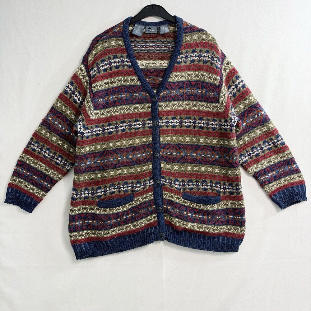Lizwear Petite M Fair Isle Cardigan Sweater Womens Multicolor Button Pockets
